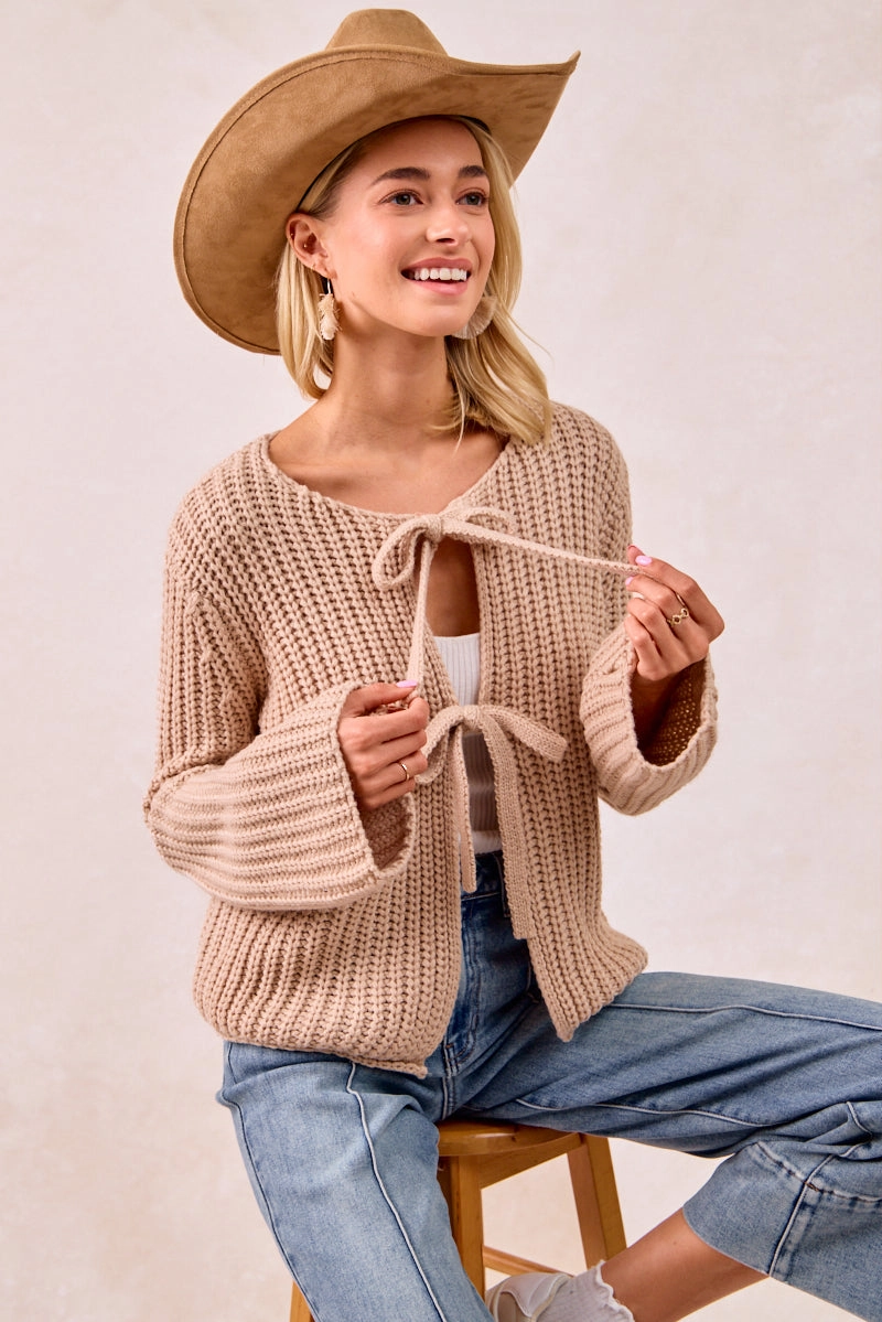 IT4322R-01 | SOLID LOOSE GAUGE KNIT SWEATER TOP WITH BOW TIED All Weather Piece Minimal Daily Fit