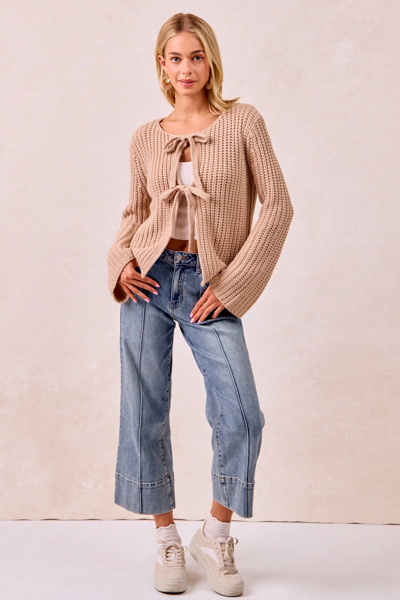 IT4322R-01 | SOLID LOOSE GAUGE KNIT SWEATER TOP WITH BOW TIED Hidden Zipper