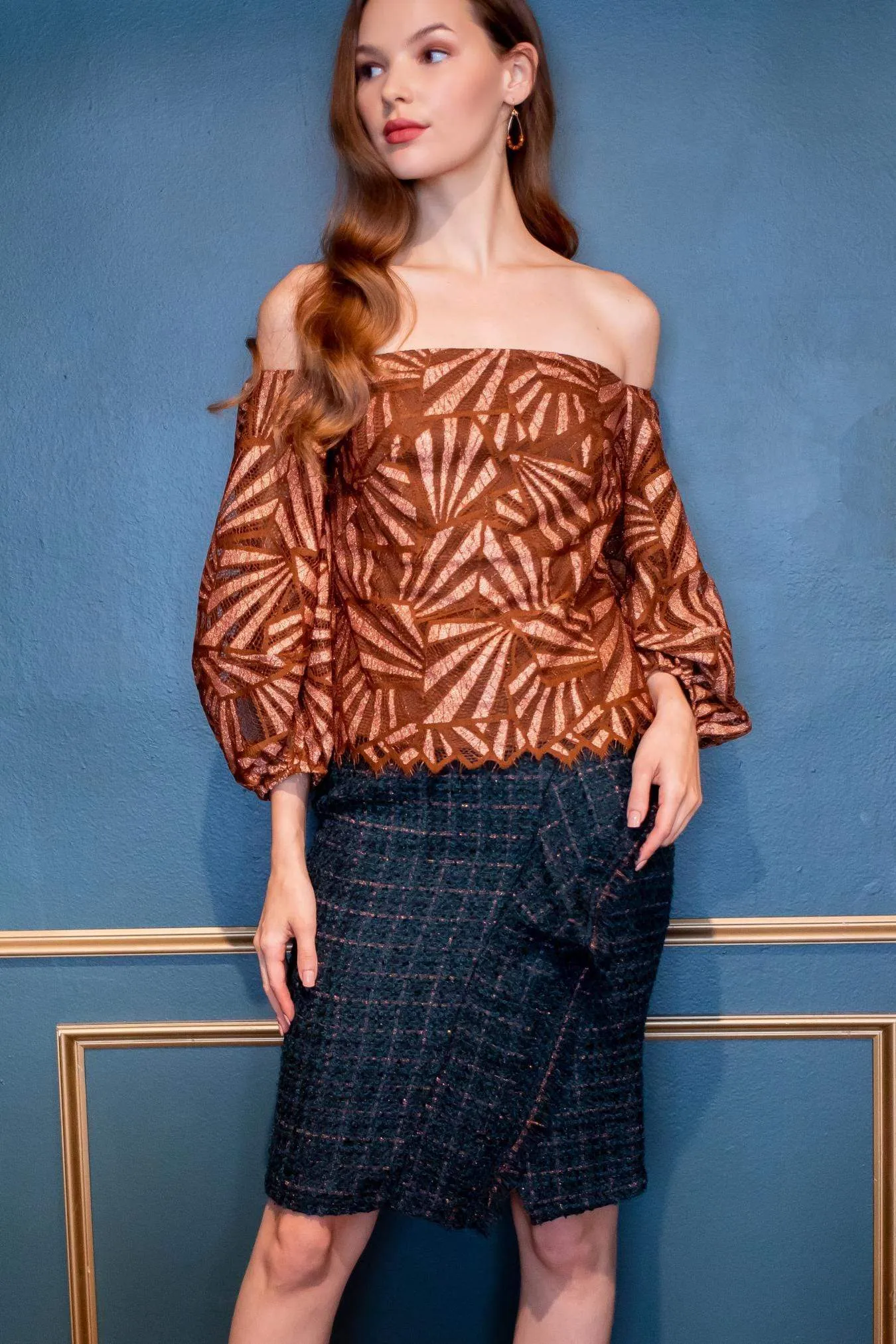 Contemporary Mood Copper Teal Tweed Pencil Skirt