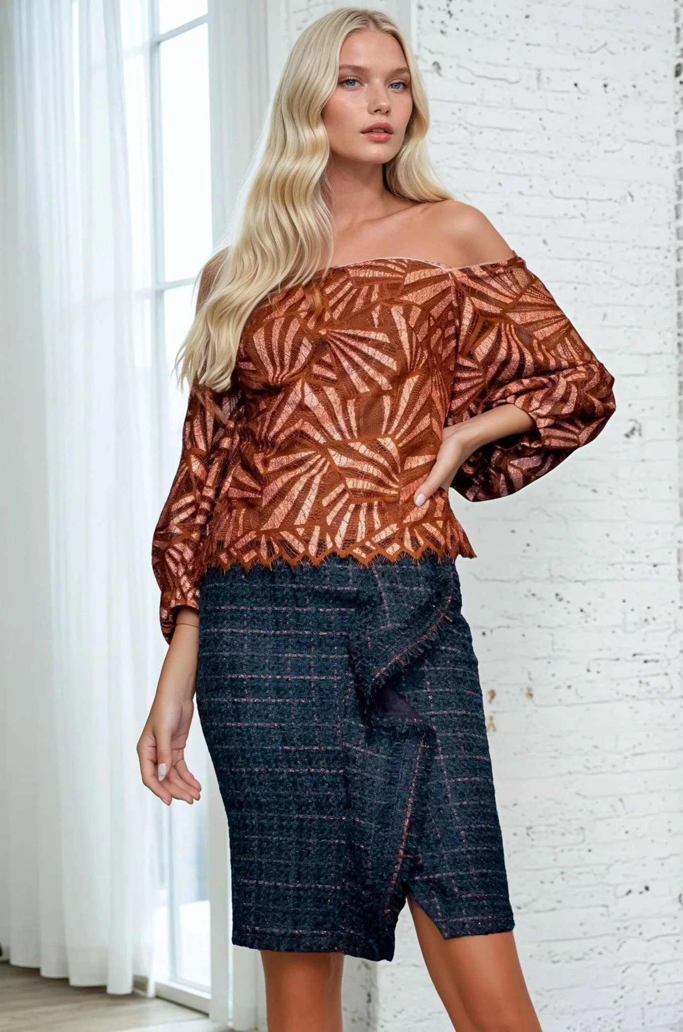 Family Celebration Everyday Line Copper Teal Tweed Pencil Skirt