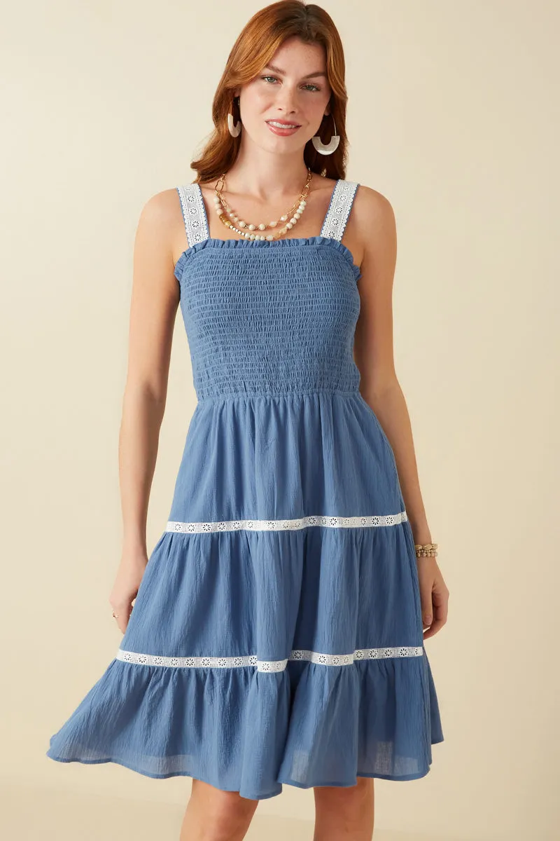 Vibe Choice Fringe-Detail Contrast Lace Detail Smocked Tank Dress