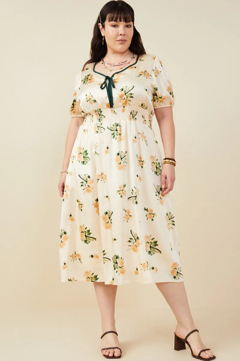 Contrast Piping Tied Smock Waist Satin Dress Style focused Luxe Look