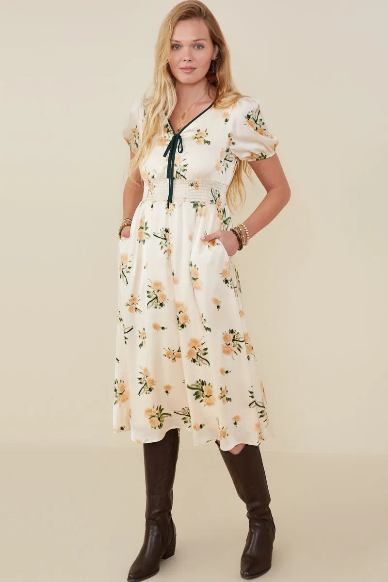 Fashion-Forward Contrast Piping Tied Smock Waist Satin Dress