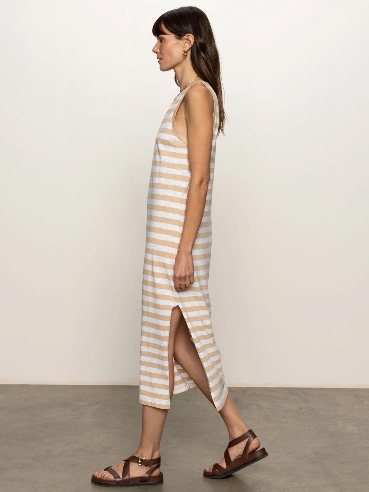 Contrast Trim Maxi Dress Sandstone White Stripe Black Tie