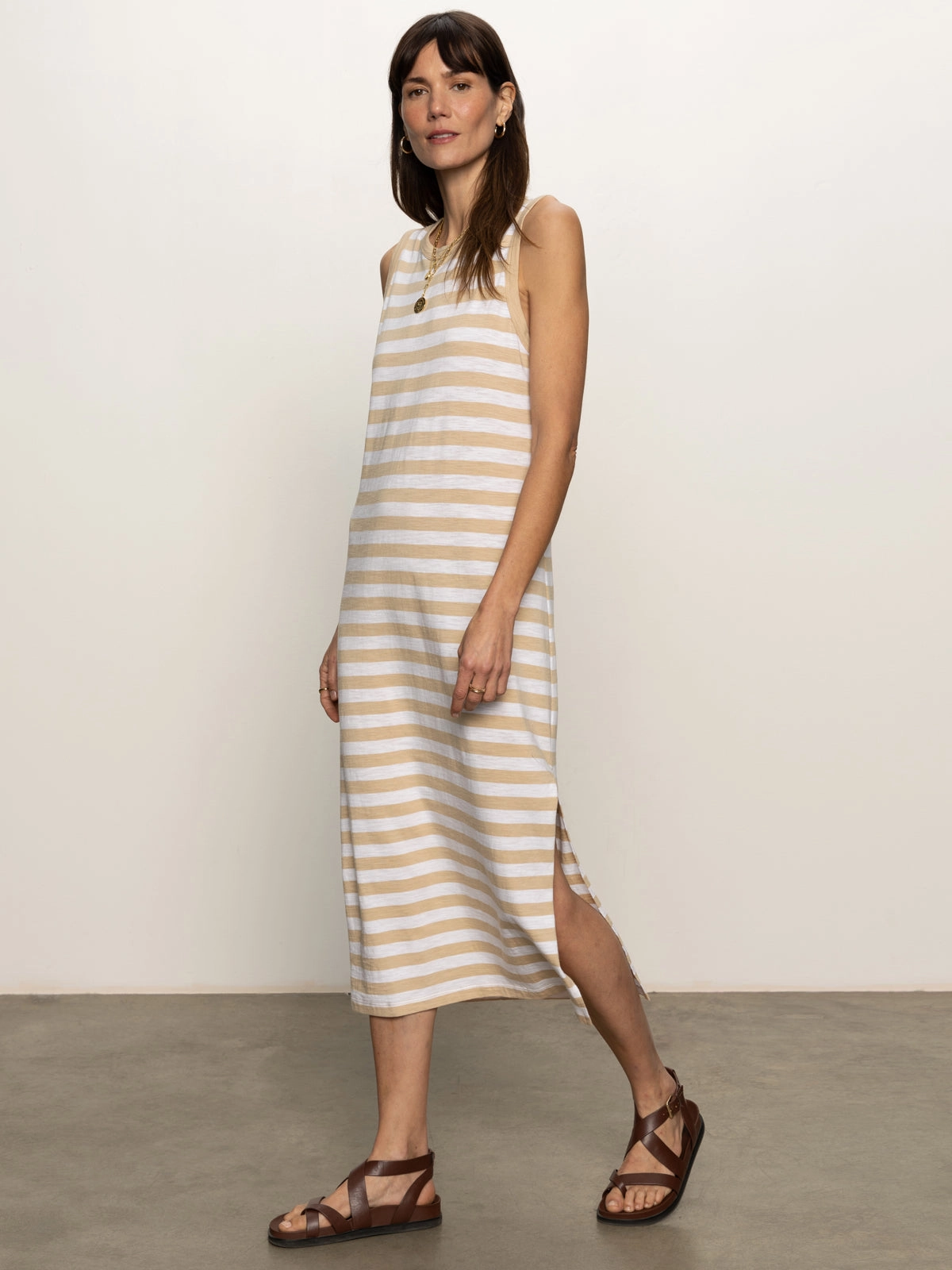 Contrast Trim Maxi Dress Sandstone White Stripe Black Tie