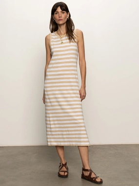 Contrast Trim Maxi Dress Sandstone White Stripe Nature Glow Modest Light