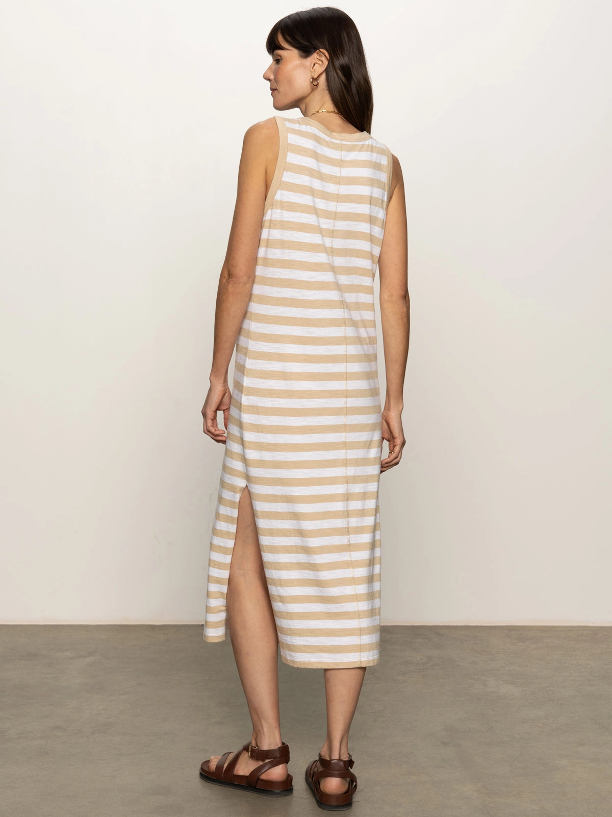 Contrast Trim Maxi Dress Sandstone White Stripe Black Tie