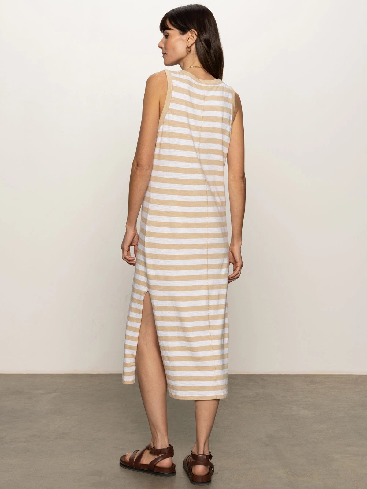 Contrast Trim Maxi Dress Sandstone White Stripe Black Tie