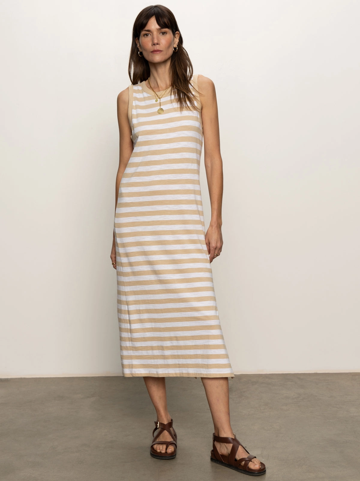 Contrast Trim Maxi Dress Sandstone White Stripe Modern Classic