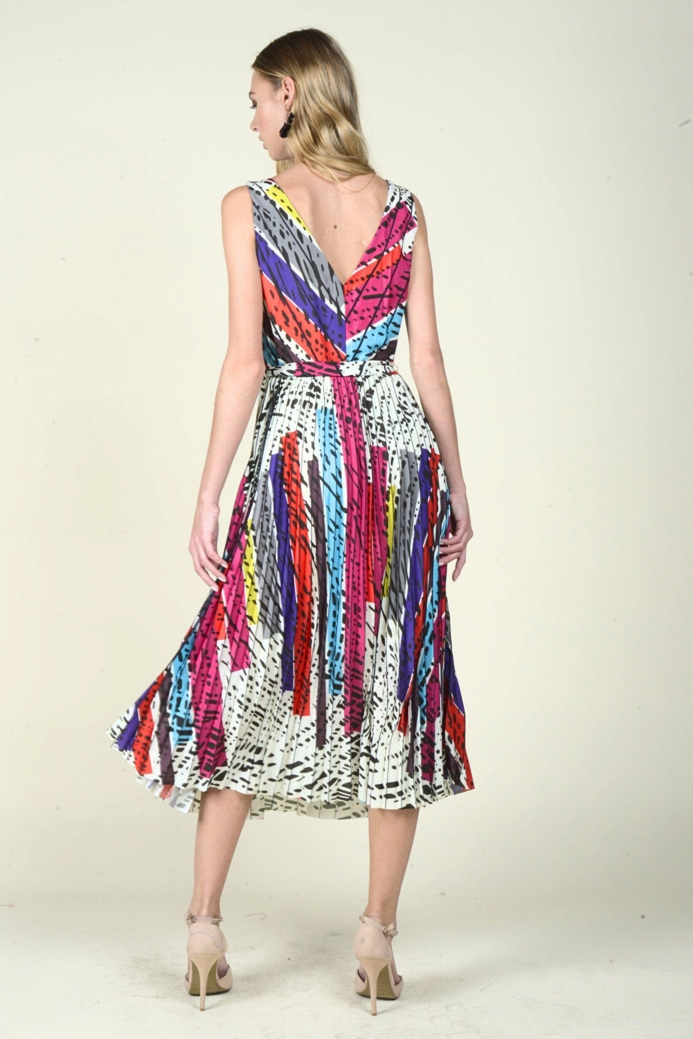 Contrast Waistband Jolie Pleated Midi Dress - Battenburg