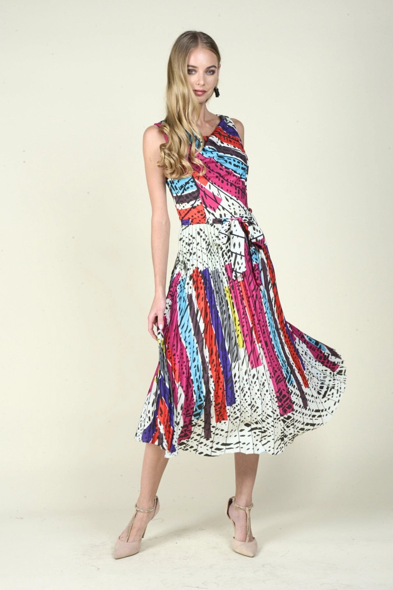 Contrast Waistband Jolie Pleated Midi Dress - Battenburg