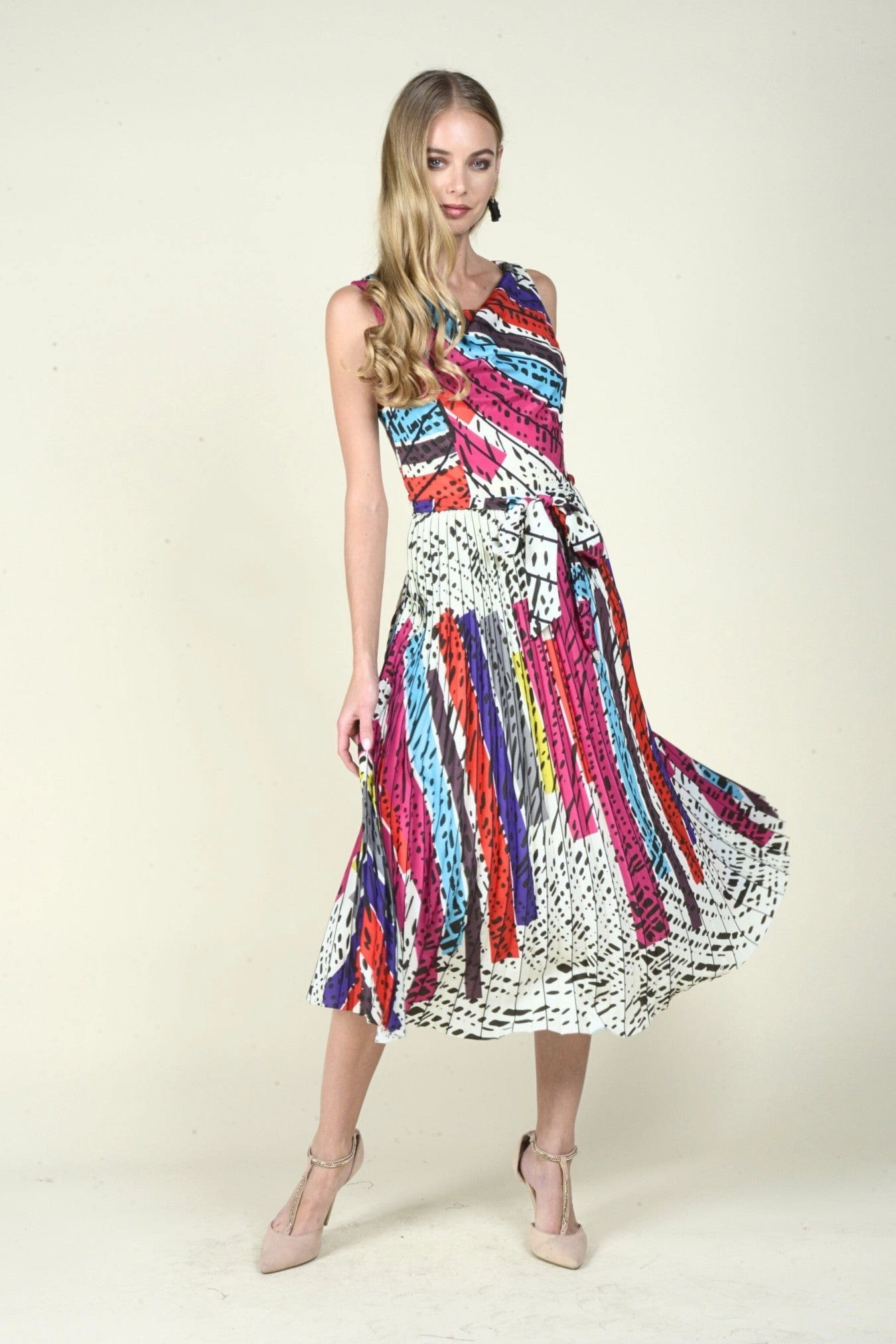 Contrast Waistband Jolie Pleated Midi Dress - Battenburg