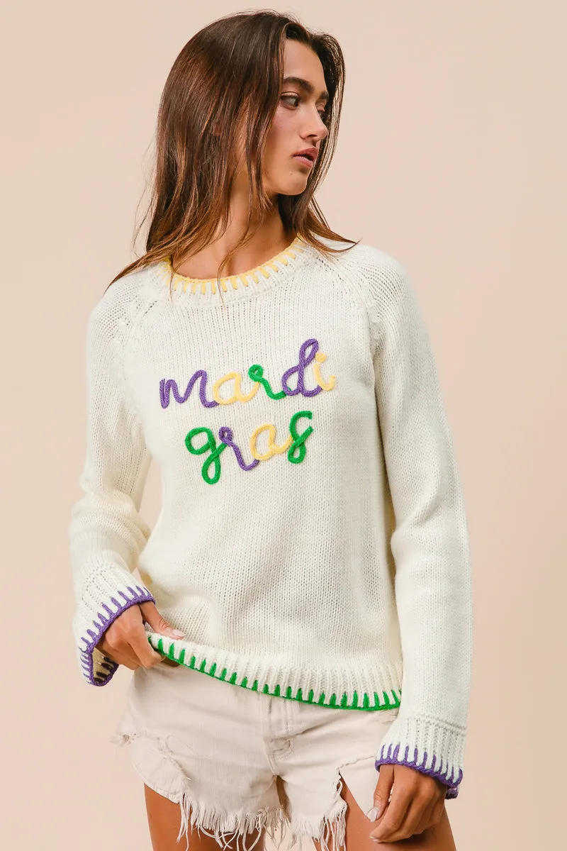IT3102-01 | STITCH DETAIL MARDI GRAS LETTERING SWEATER Stain Proof All Season