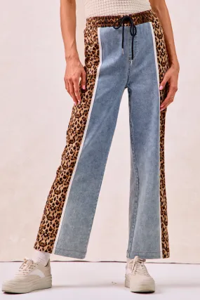 IB1836-01 | WASHED DENIM AND LEOPARD MIX AND MATCH PANTS Stylish Layer Modern Fit