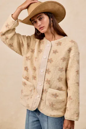 Cold Climate IT4771G-01 | FLORAL PATTERN SHERPA CARDIGAN WITH PATCH POCKETS