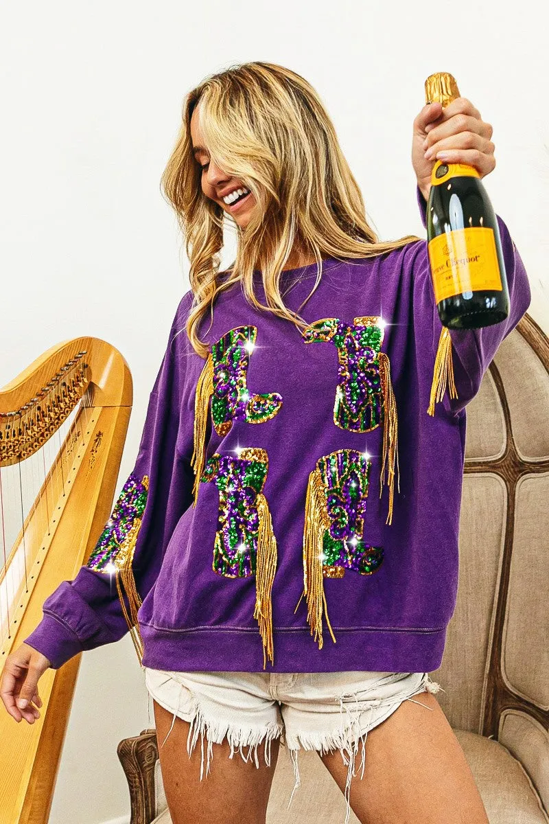 IP8232G-29 | FRINGED MARDI GRAS BOOTS SEQUIN  PULLOVER Stitched Look