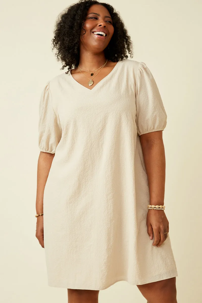 Soft Lines Seersucker Textured V Neck Puff Sleeve Dress