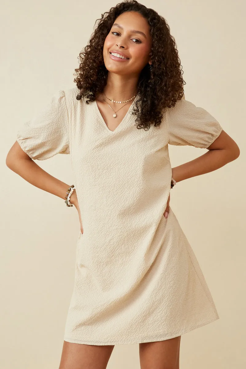 Smart Layer Pure Fabric Seersucker Textured V Neck Puff Sleeve Dress
