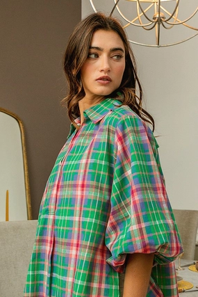 Quilted Lining IP9235-02 | VINTAGE PLAID LANTERN SLEEVE V-NECK BLOUSE