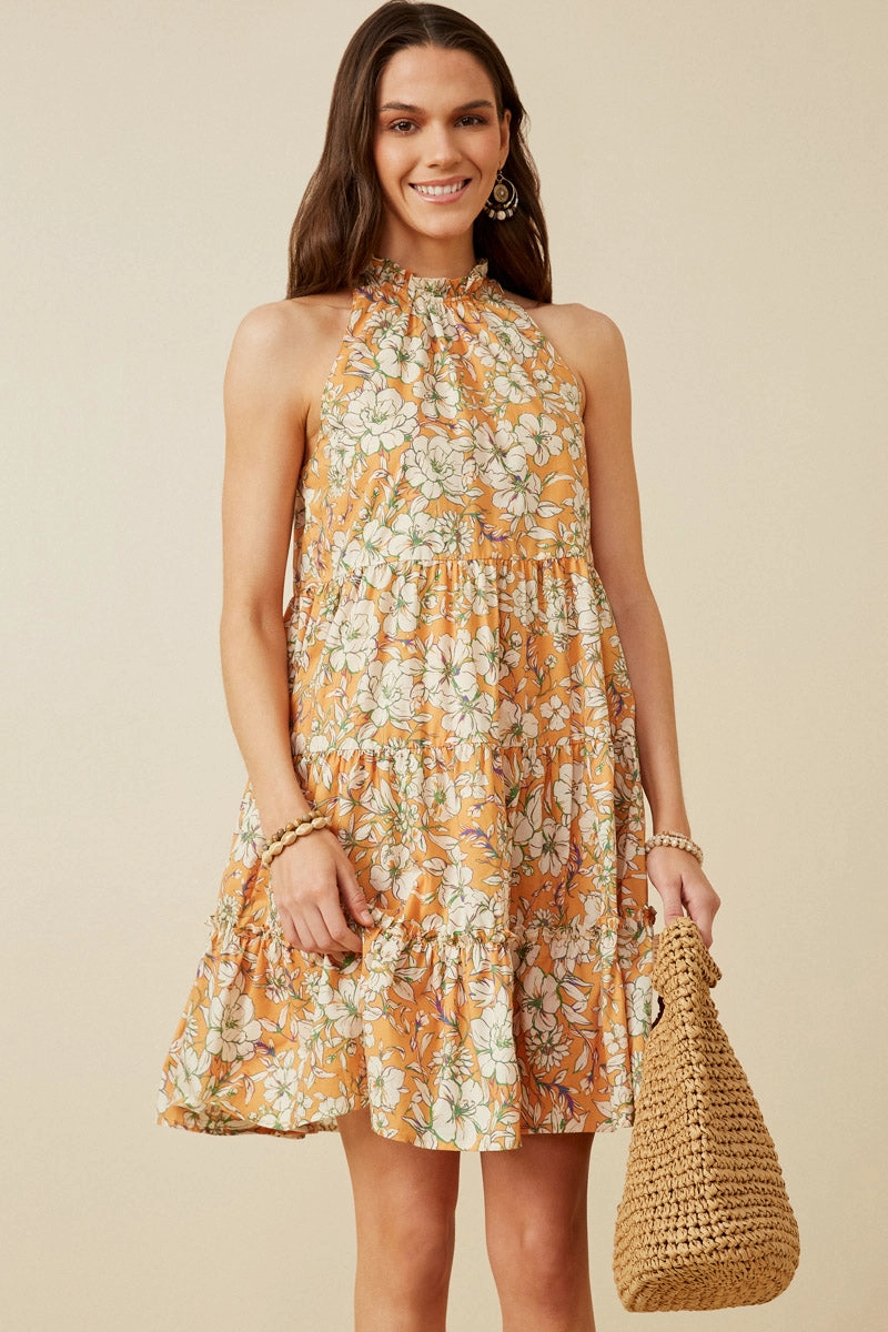 Floral Print Ruffled Neck Tiered Tank Dress All Time