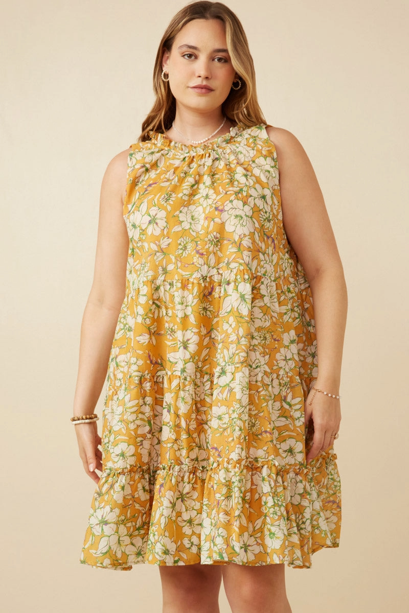 Floral Print Ruffled Neck Tiered Tank Dress Texture Blend