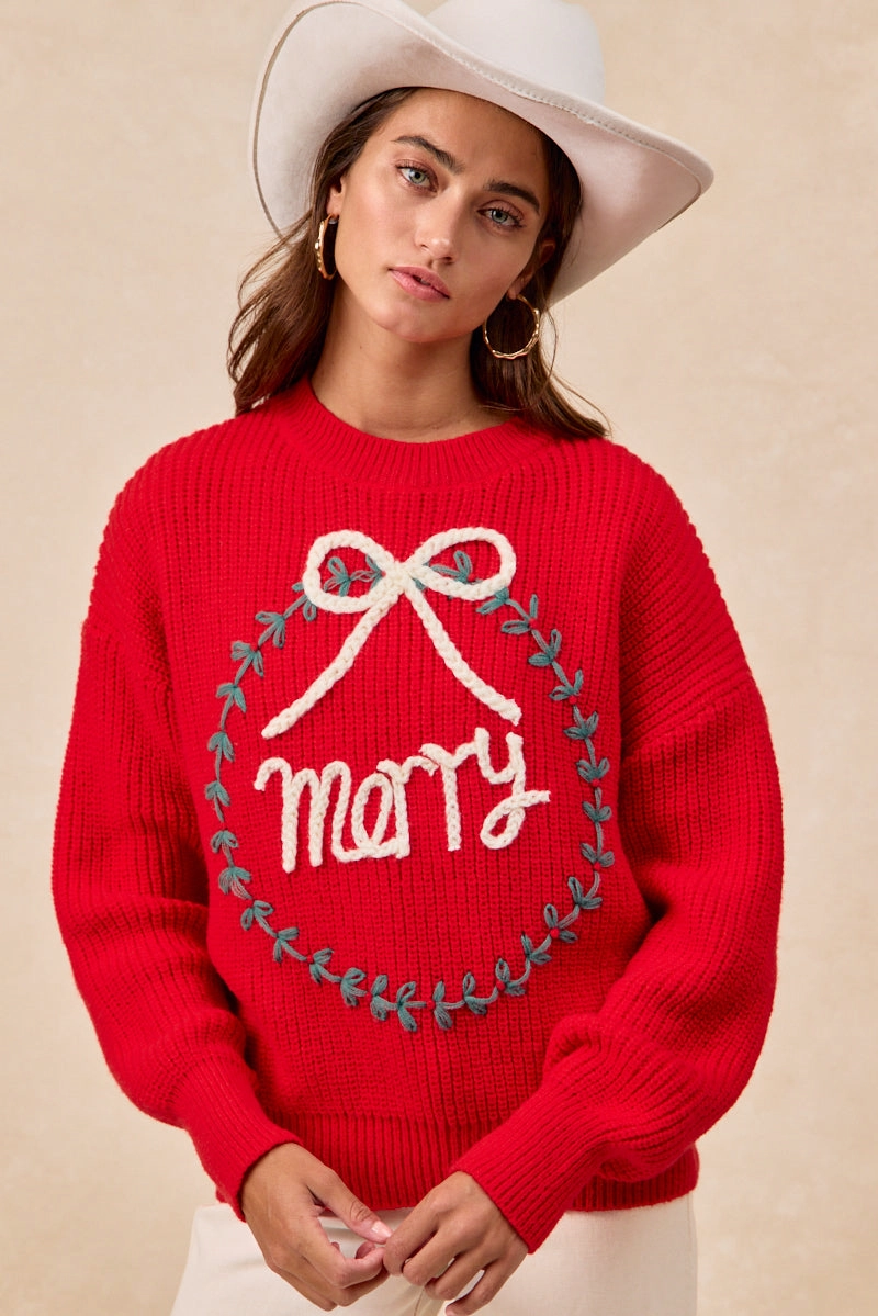 Front Detail IP8254S-13 | CHRISTMAS WREATH MERRY LETTER KNIT TOP