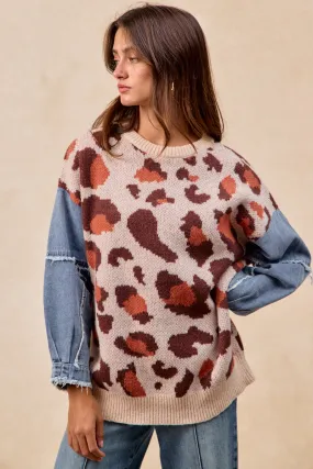 IT4813-01 | LEOPARD ARTWORK SWEATER TOP WASHED DENIM SLEEVES Trendy Comfort
