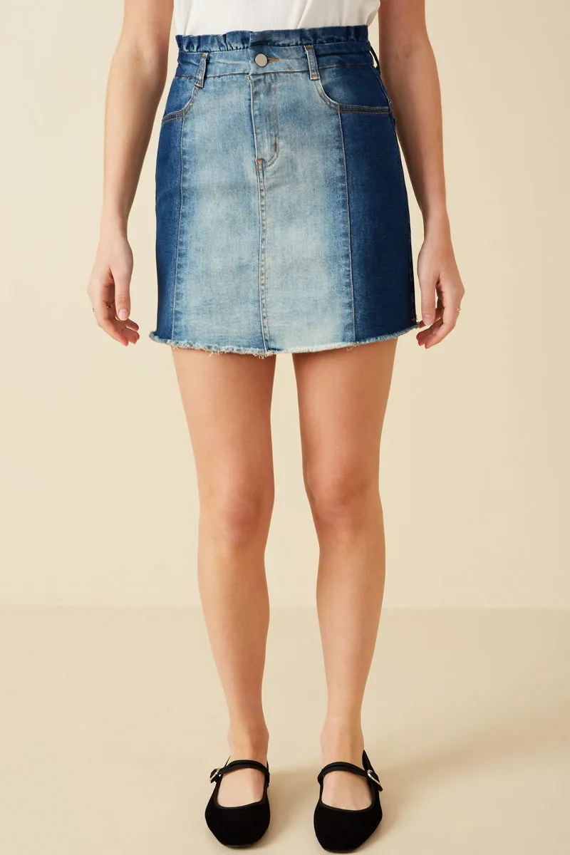 High Waist Paperbag Waist Washed Panel Denim Skirt