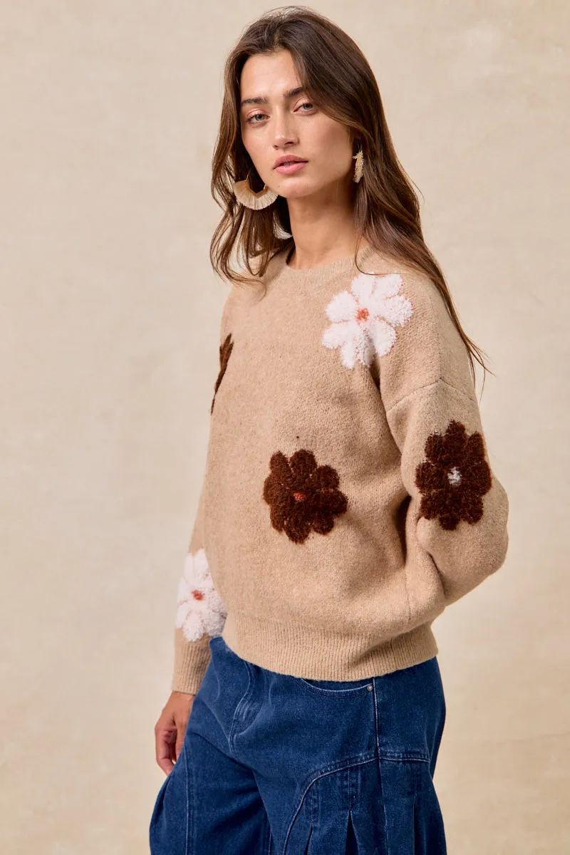 IT4679-01 | FLOWER EMBROIDERED SWEATER WITH LONG SLEEVES Stand Collar