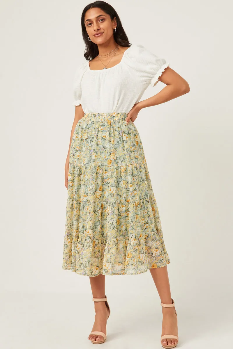 Performance Gear Training Comfort Chiffon Floral Tiered Elastic Waist Midi Skirt