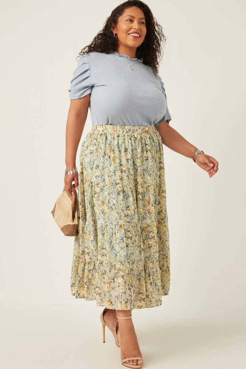 Chiffon Floral Tiered Elastic Waist Midi Skirt Comfort-First