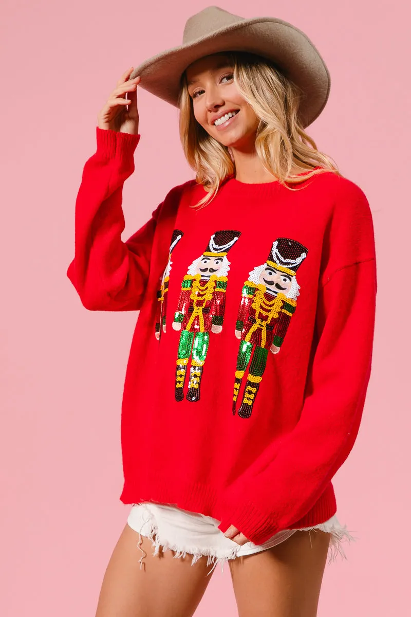 Cold Weather Gear IP5685G-75 | SEQUIN NUTCRACKERS EMBROIDERY CHRISTMAS SWEATER