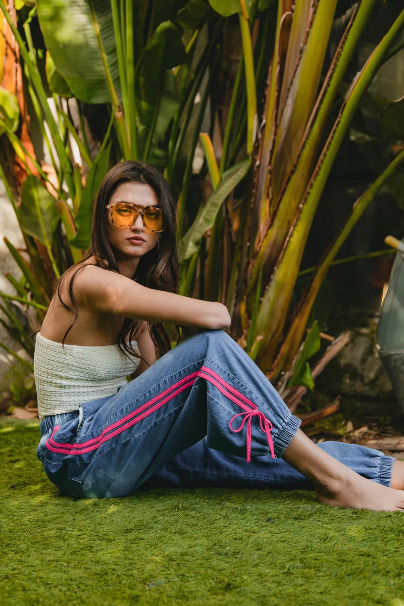 Lined interior Street Style IB1756-01 | STRIPED TAPE DETAILS WITH BOT TIED POINT ELASTIC WAIST DENIM PANTS