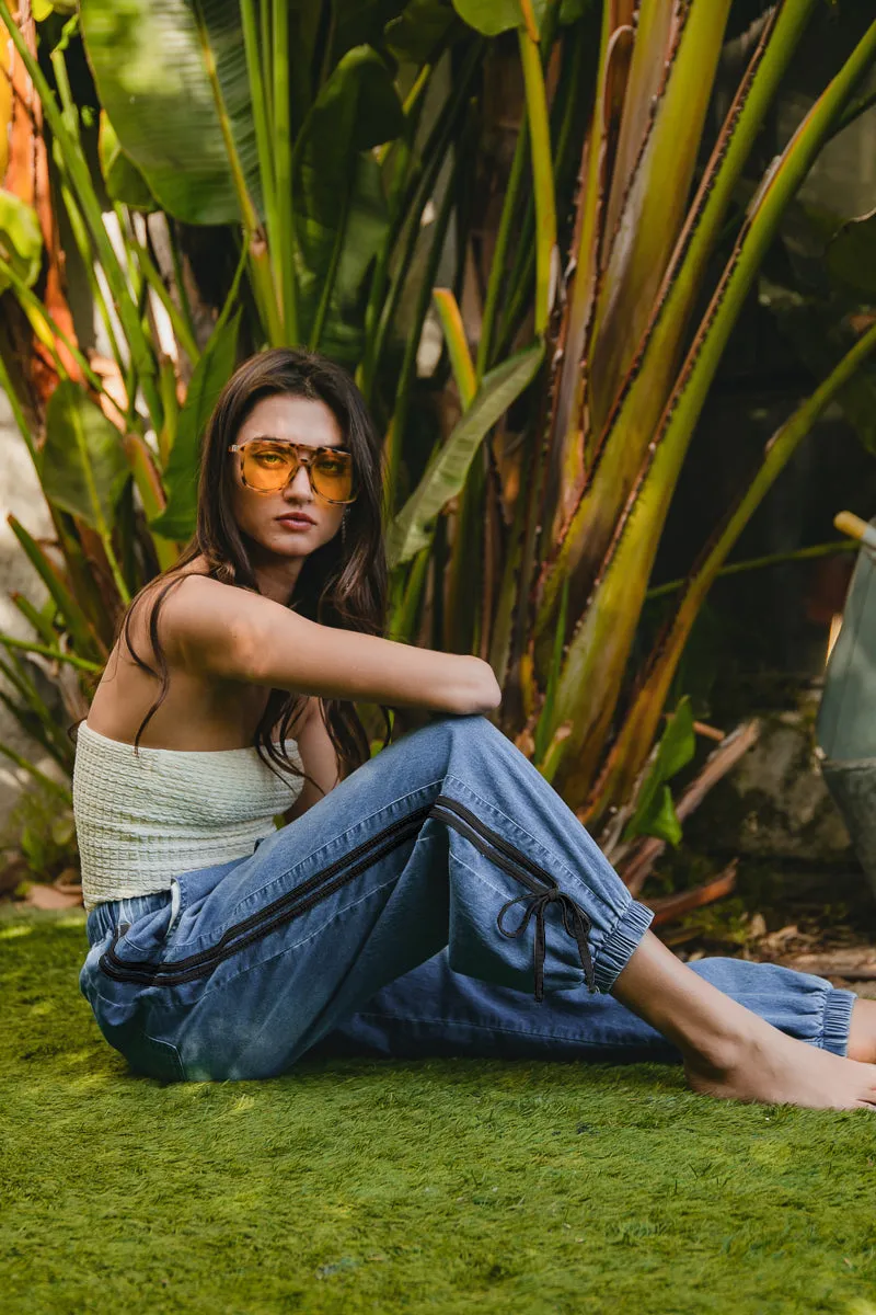 IB1756-01 | STRIPED TAPE DETAILS WITH BOT TIED POINT ELASTIC WAIST DENIM PANTS Statement Piece