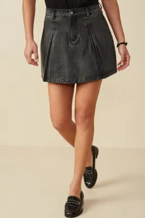 Womens Box Pleated Washed Denim Skirt Smooth Finish Street Utility