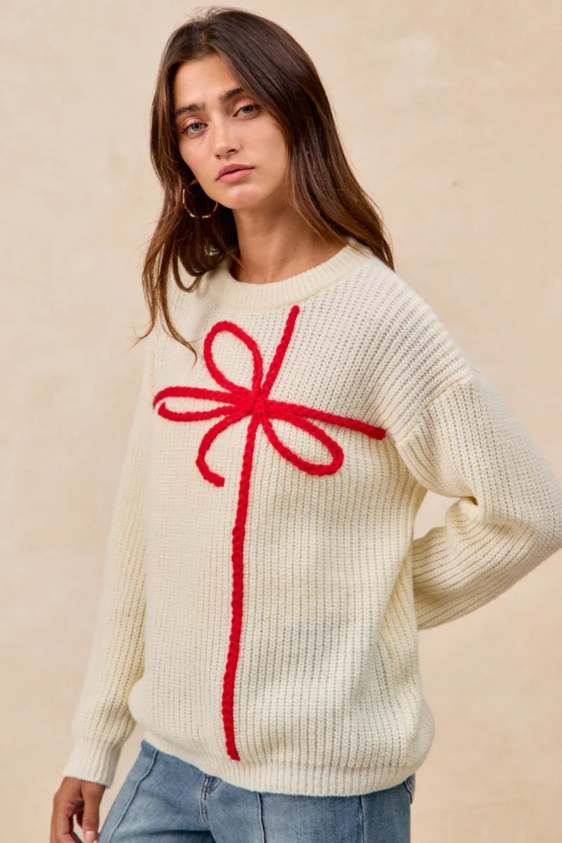 IP5685G-88 | CHRISTMAS RIBBON BOW EMBROIDERY SWEATER Simple Utility