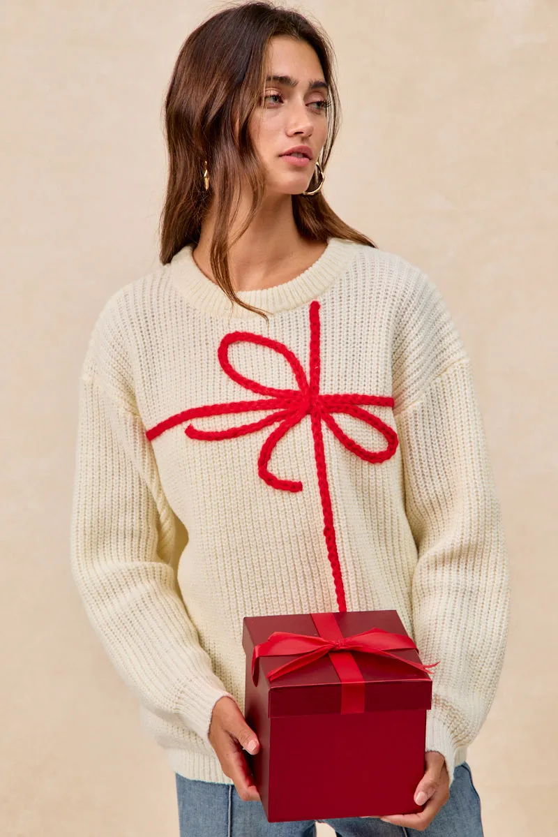 IP5685G-88 | CHRISTMAS RIBBON BOW EMBROIDERY SWEATER Zipper Closure Tapered ankle