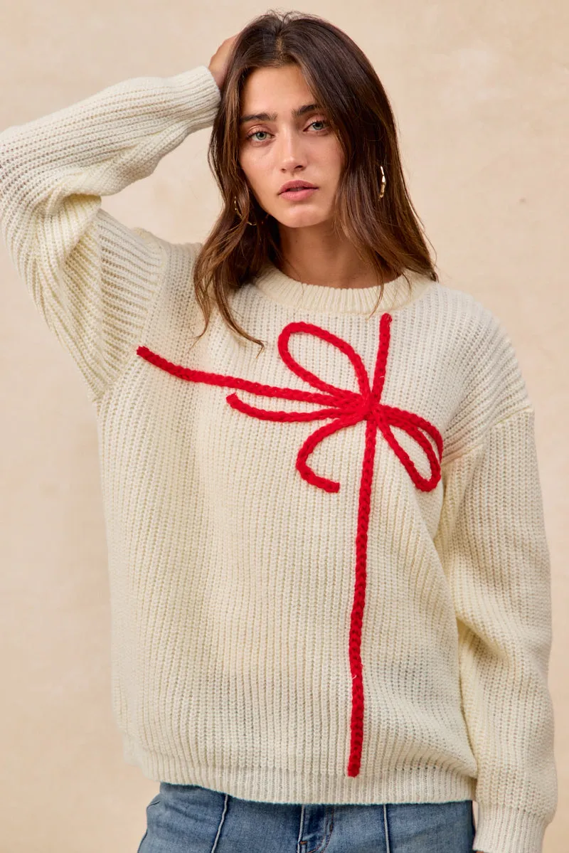 quick dry IP5685G-88 | CHRISTMAS RIBBON BOW EMBROIDERY SWEATER