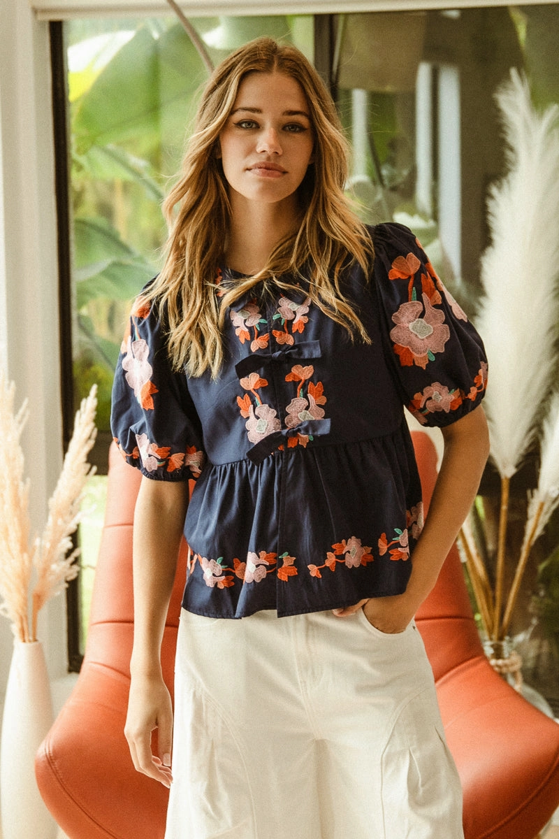 IT3552R-01P | BOW RIBBON DETAILED PUFF SLEEVE TOP WITH EMBROIDERY Comfy Layers