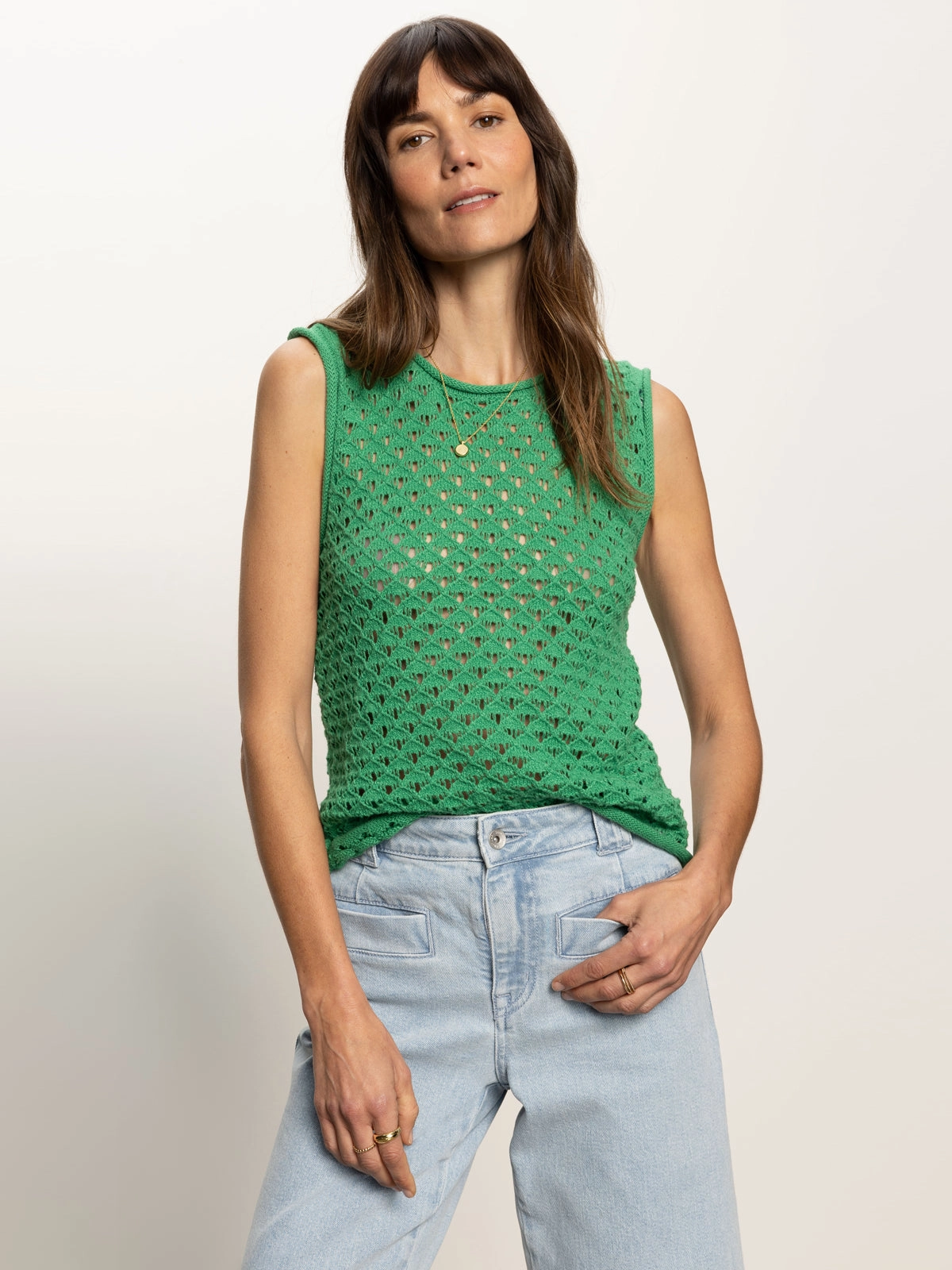 Solid Color Crochet Shell Sweater Palm