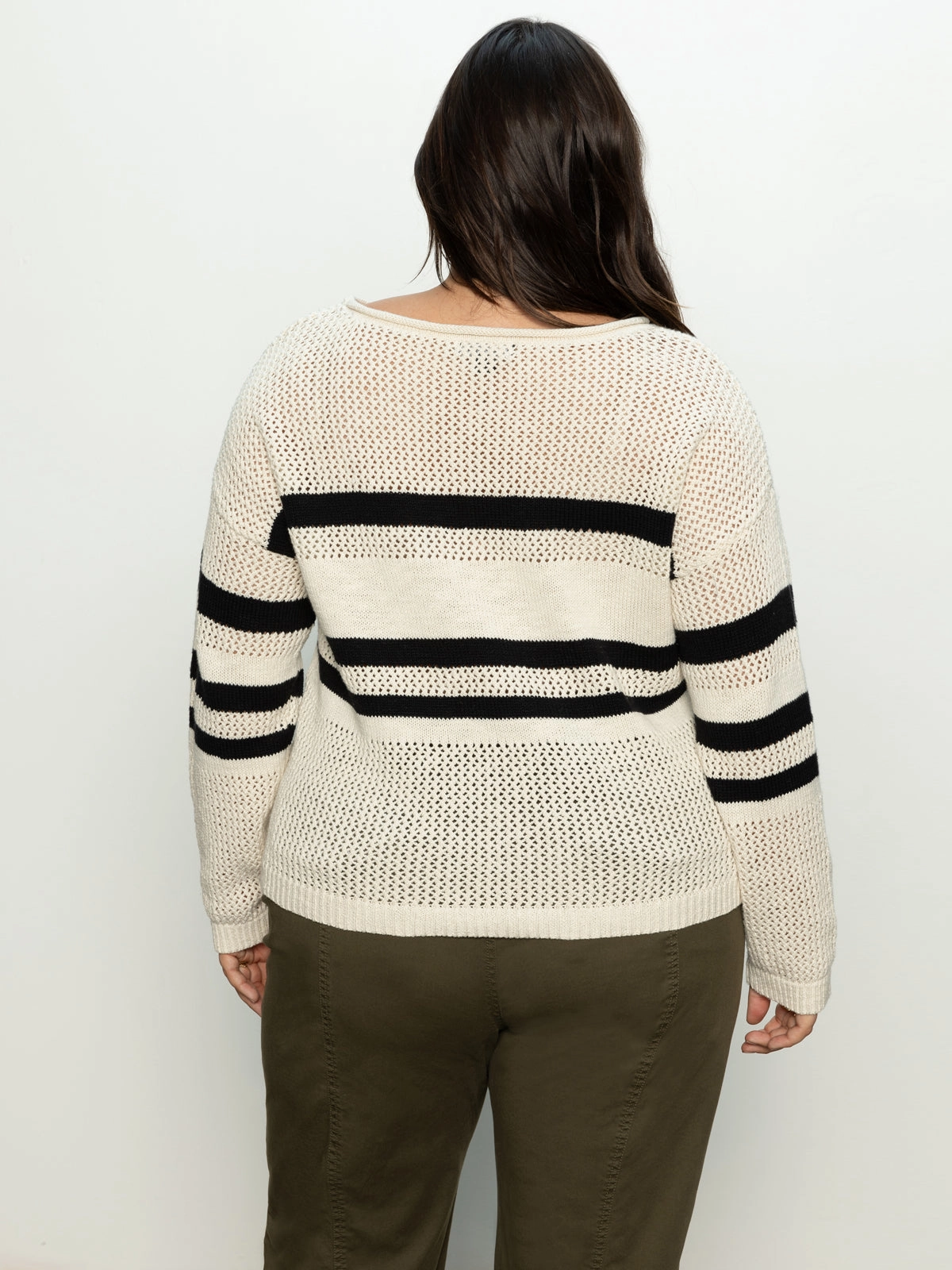 Cozy Vibes Sporty Stripe Open Knit Sweater Eco Natural / Black Stripe Extended Sizing