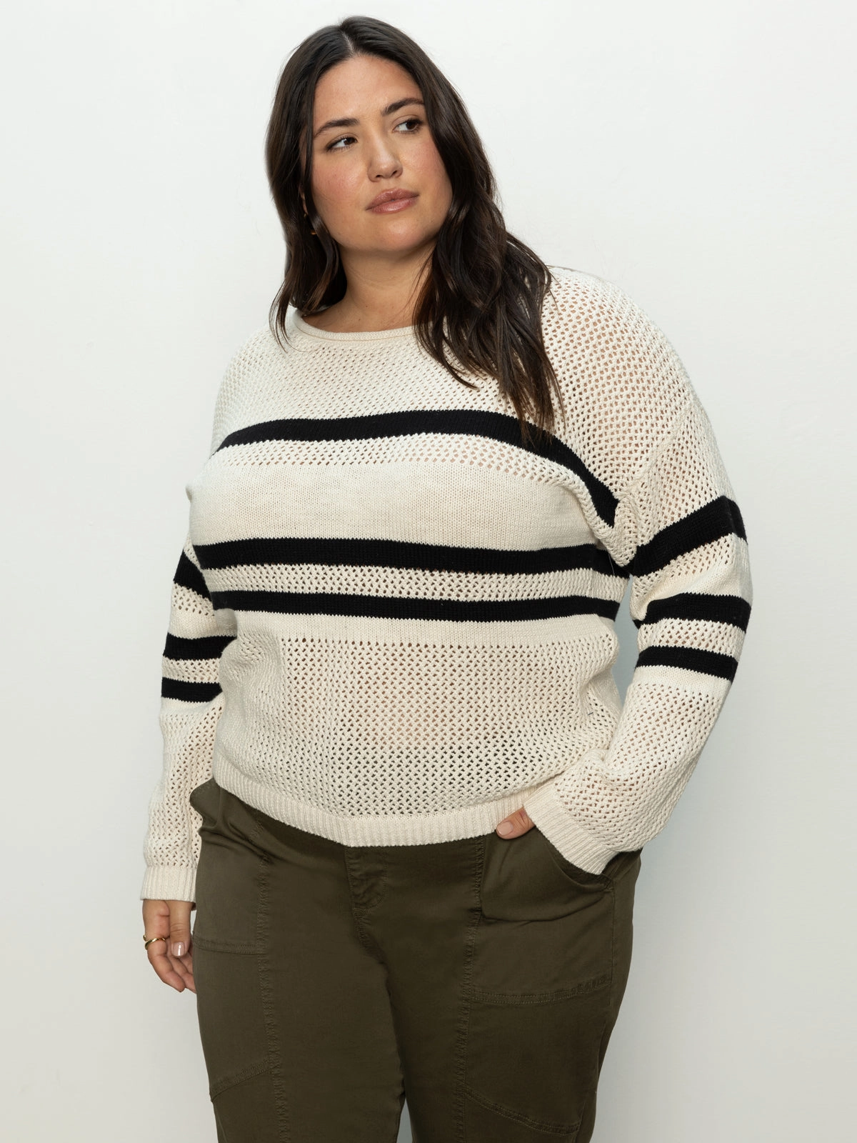Cozy Vibes Sporty Stripe Open Knit Sweater Eco Natural / Black Stripe Extended Sizing