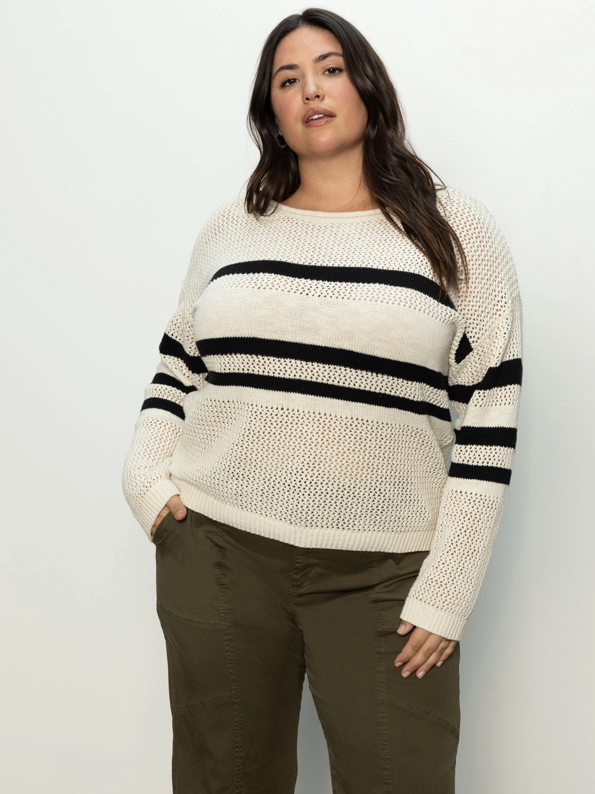 Date Outfit Sporty Stripe Open Knit Sweater Eco Natural / Black Stripe Extended Sizing