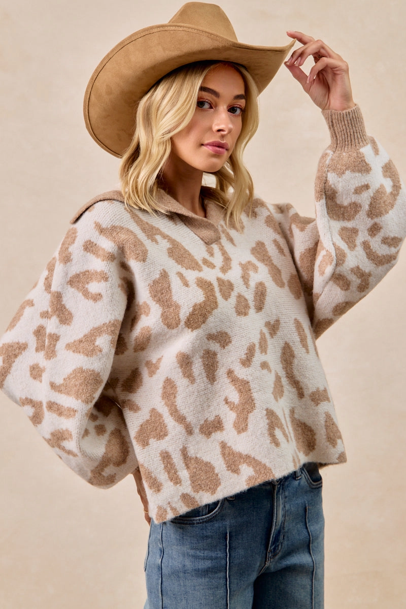 IT4523S-03 | LEOPARD SWEATER COLLARED SWEATER TOP Neutral Style