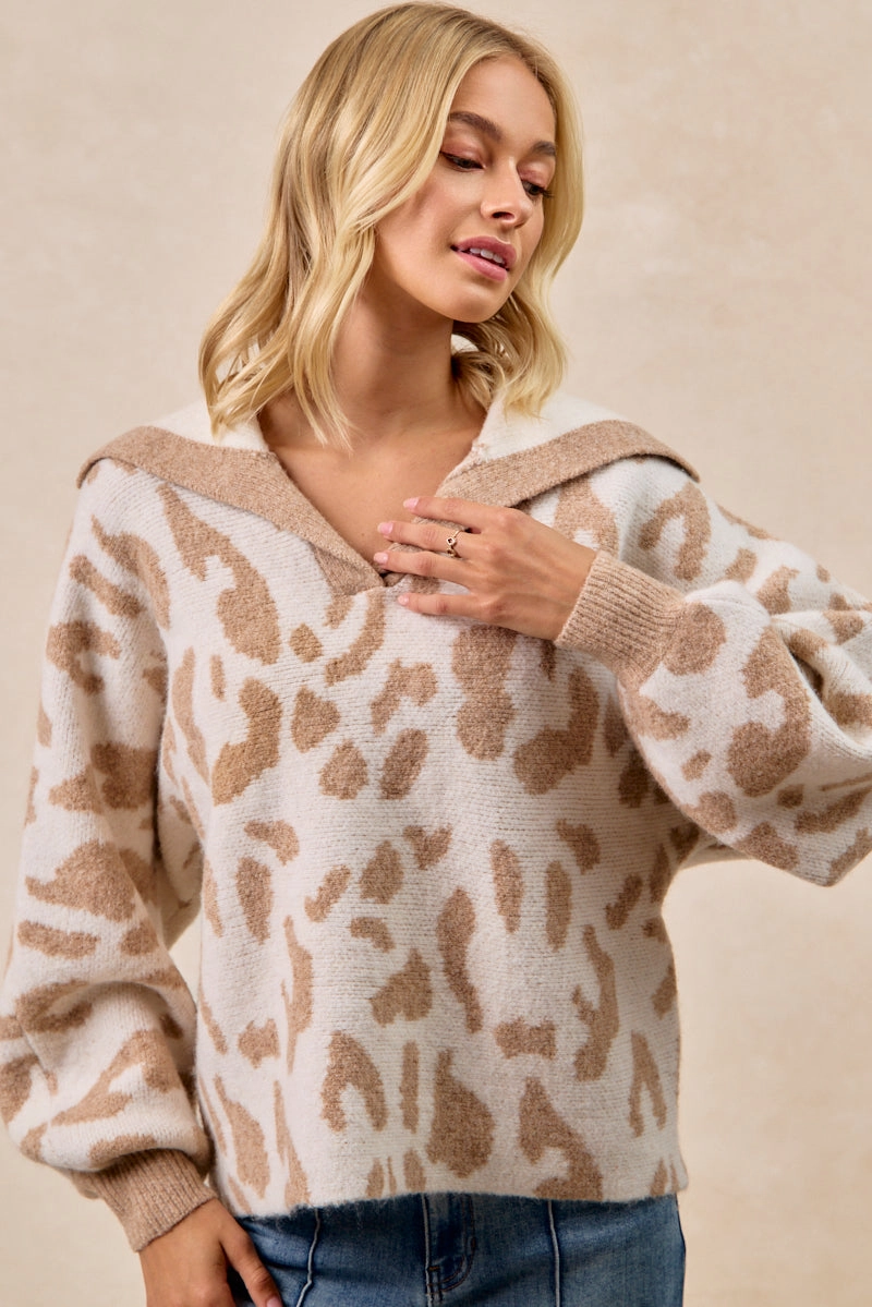 Flexible Motion Side slits IT4523S-03 | LEOPARD SWEATER COLLARED SWEATER TOP