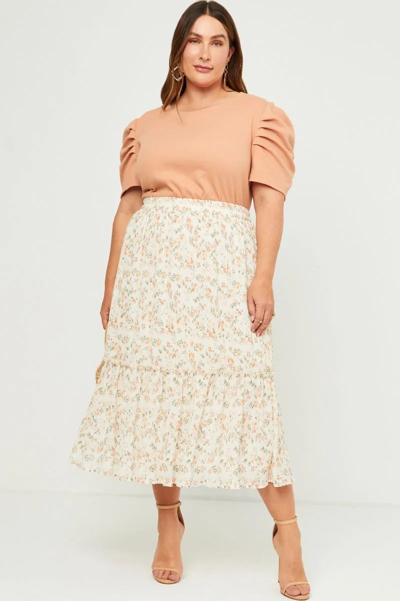 Multi Purpose Effortless Fit Crinkle Textured Floral Ruffle Midi Skirt
