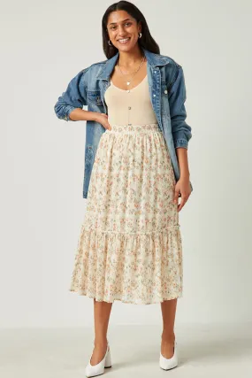 Crinkle Textured Floral Ruffle Midi Skirt Perfect Stretch No Fuss
