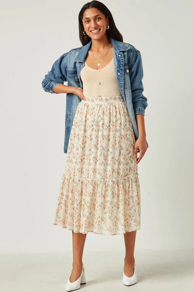 Crinkle Textured Floral Ruffle Midi Skirt Perfect Stretch No Fuss