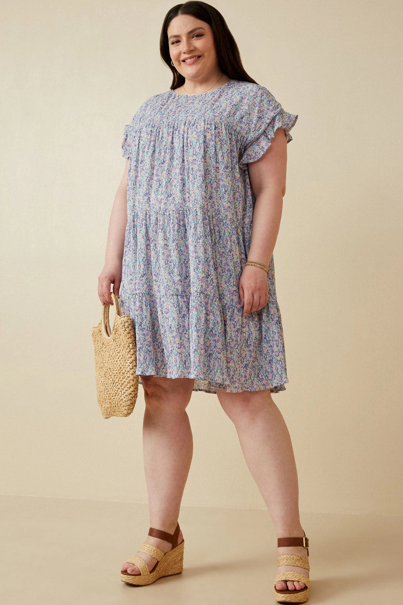 Natural Flow Simple Fit Crinkle Pleated Floral Ruffle Shoulder Dress