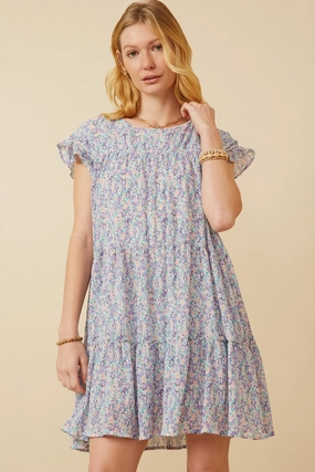 Crinkle Pleated Floral Ruffle Shoulder Dress Gentle Flow